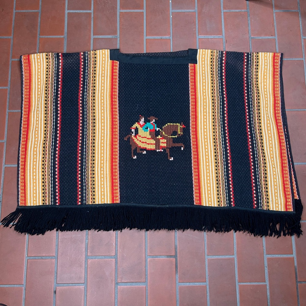 Vintage Woven Equestrian Poncho Black Red Yellow Horse Rider Fringe One Size